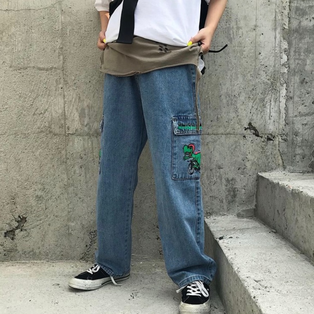 dinosaur print wide leg jeans